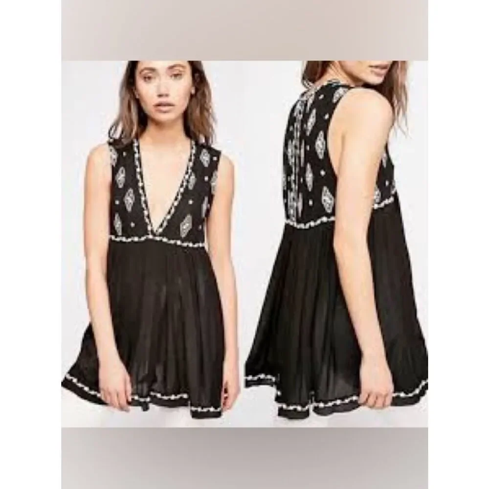 Free People black diamond embroidered sleeveless tank top